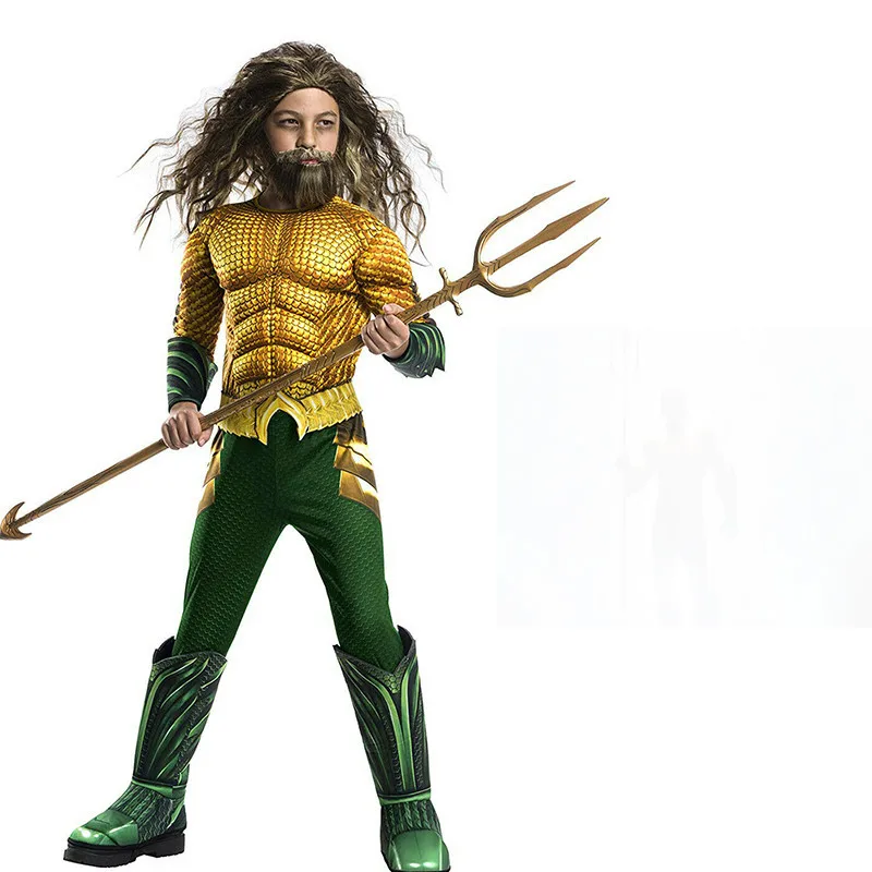 

aquaman and mera Costume Gold Aquaman Muscle Cosplay Costume For Boys Superhero Costumes Children Halloween Costume For Kids