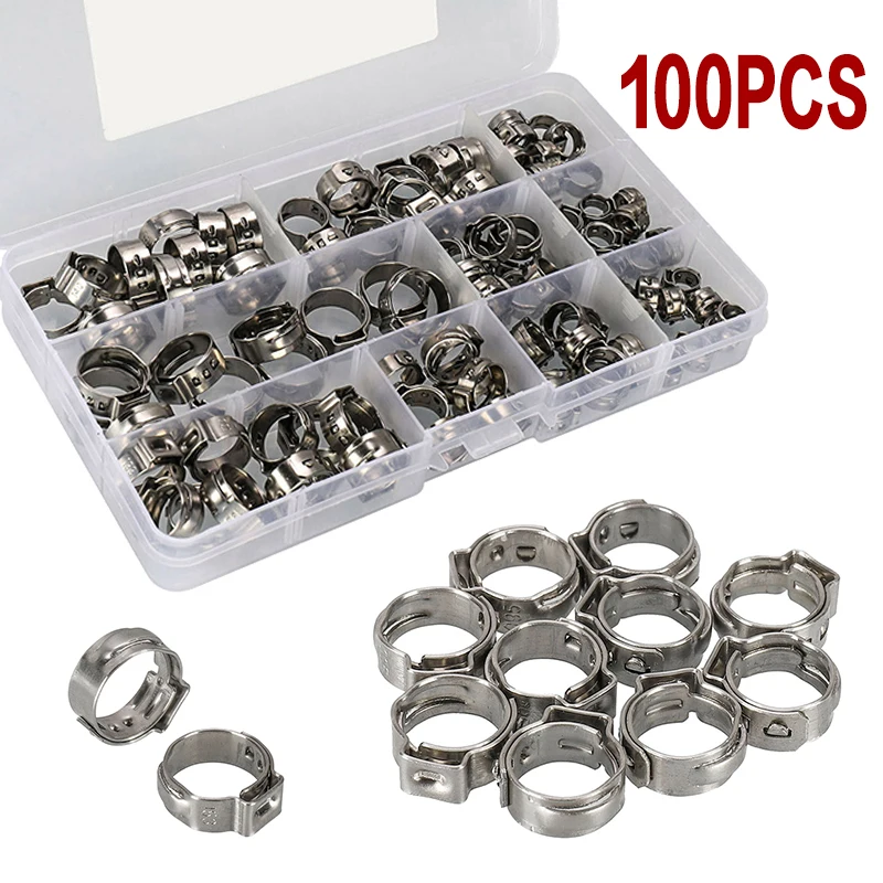 

100pcs/set Durable Ear Hose Clamps Stainless Steel Zinc Plated Hose Clamps Assortment Durable Clip Hoop Hose Clamp
