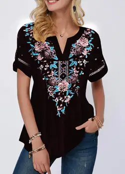 Vintage Women 3D Floral Printed Blouse Summer 2020 Casual V Neck Patchwork Tops Shirt Ladies