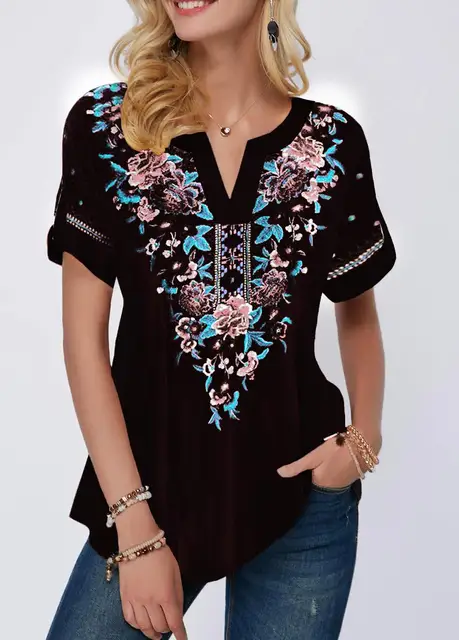 Vintage Women 3D Floral Printed Blouse Summer 2020 Casual V Neck Patchwork Tops Shirt Ladies Elegant