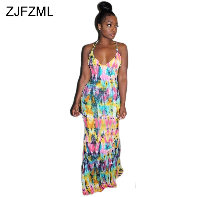 

Colorful Tie Dyeing Sexy Club Party Long Dress Women Halter Low Cut Open Back Wrap Maxi Dress Summer High Waist Bodycon Dress
