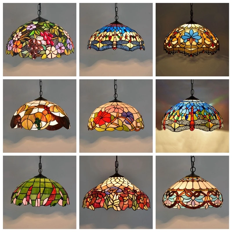 

Tiffany Baroque Stained Glass Suspended Luminaire E27 LED Iron Chain Pendant Light Lighting Lamp for Home Parlor Dining Room