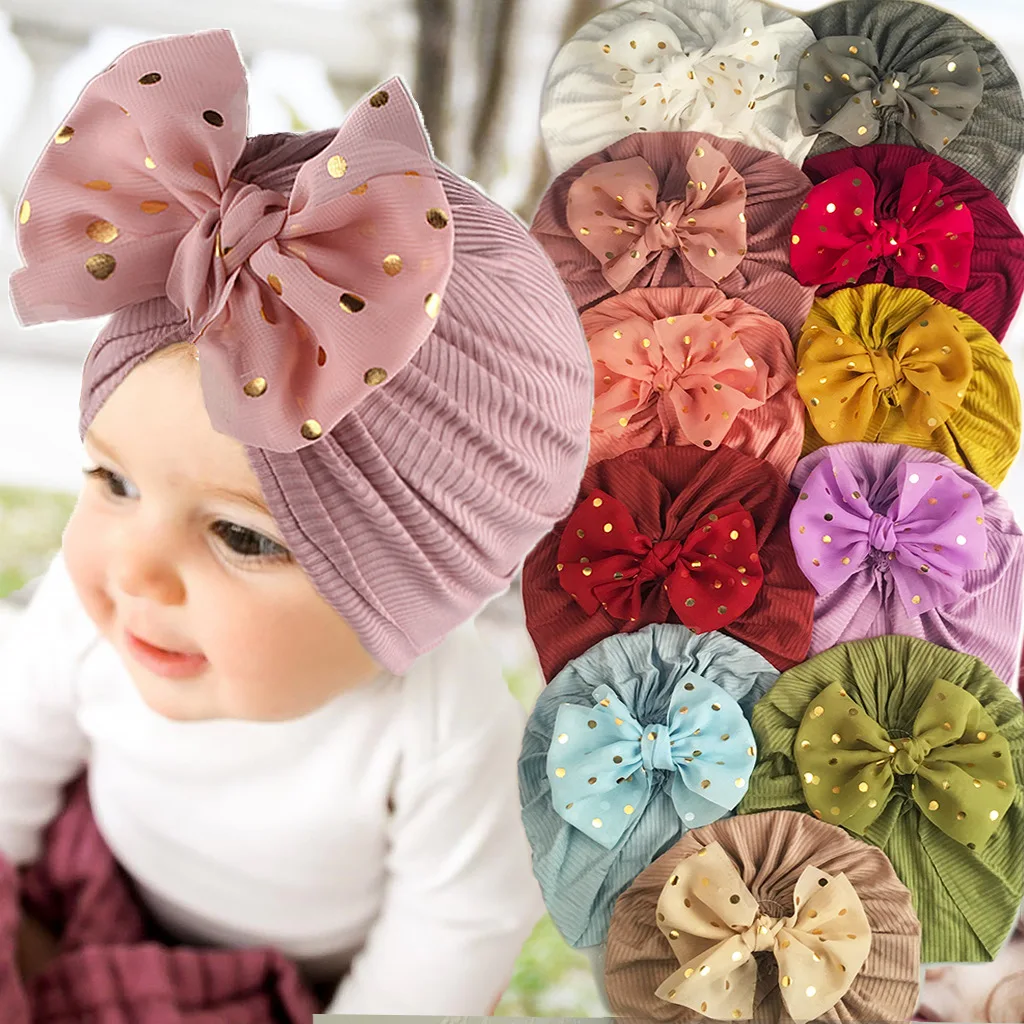 Lovely Shiny Bowknot Baby Hat Cute Solid Color Baby Girls Boys Hat Turban Soft Newborn Infant Cap