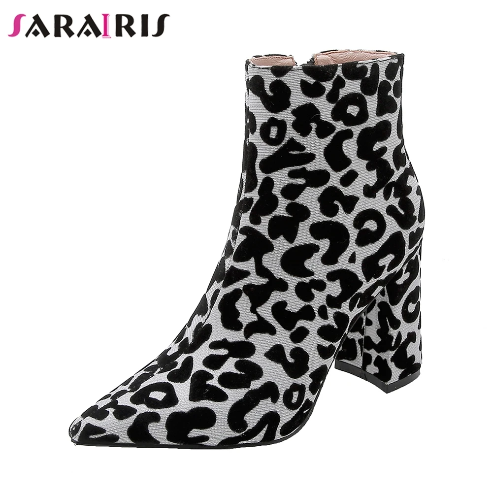 

SARAIRIS New 32-43 Fashion Leopard Ankle Chelsea Boots Women 2019 Autumn Winter Warm Add Fur Shoes Woman Super High Heels