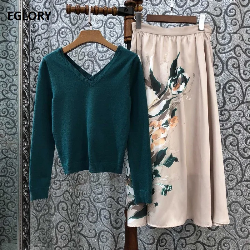

Top Quality Women's Set Clothing 2019 Autumn Winter Suit Set Ladies V-Neck Long Sleeve Green Pullovers+Vintage Print Midi Skirt