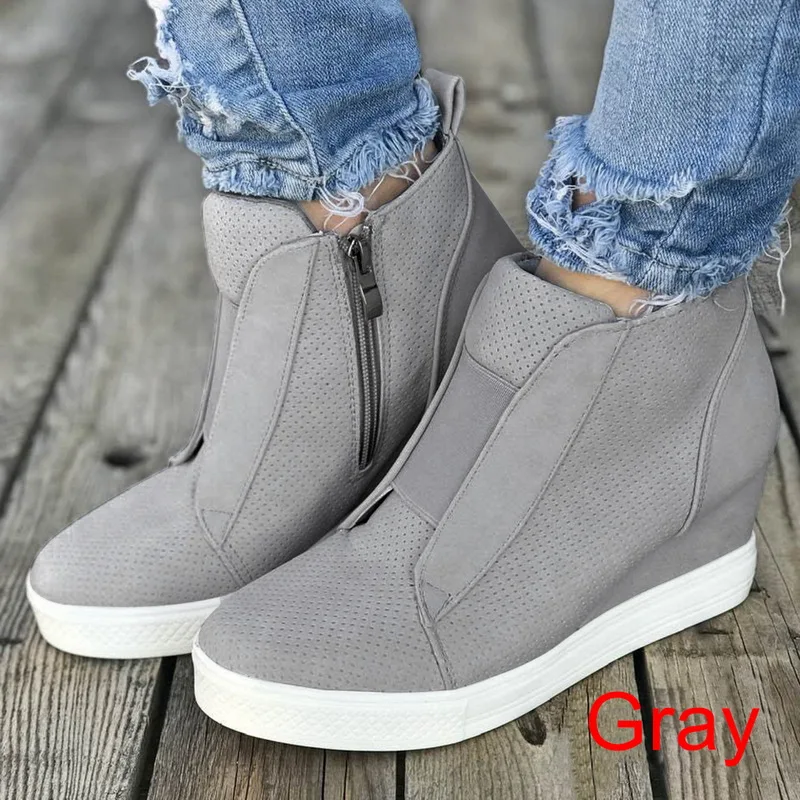Женские кроссовки; дышащая обувь на танкетке; Вулканизированная обувь на платформе; женская повседневная обувь из искусственной кожи на молнии; обувь для девочек, увеличивающая рост - Цвет: gray