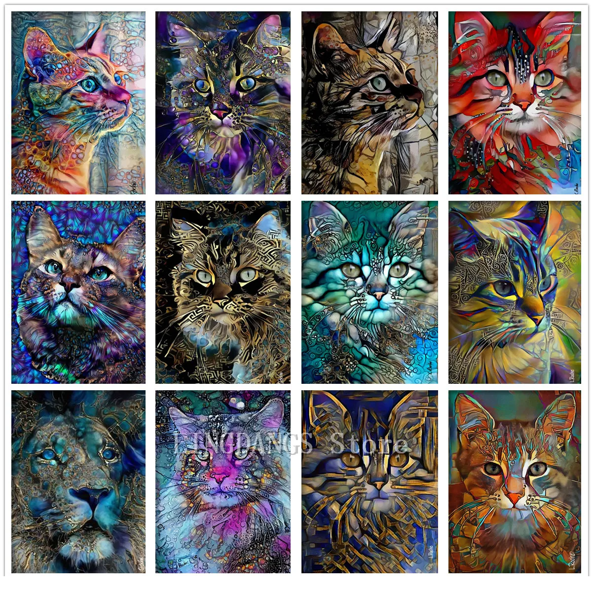 5d Diy Diamond Painting Cat Animal Colorful Abstract Art Diamond Mosaic