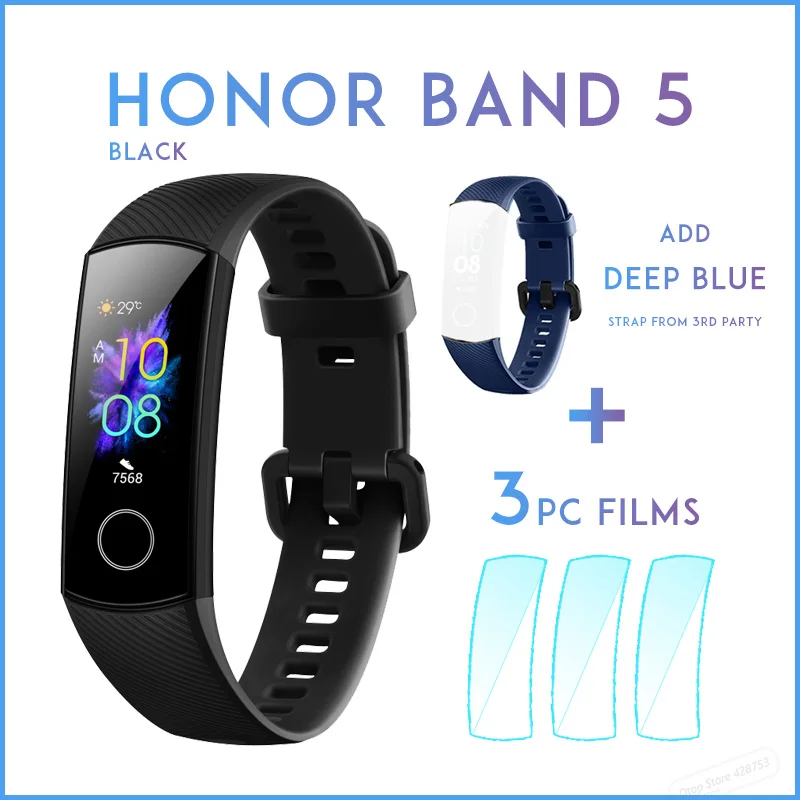 Смарт-браслет huawei Honor Band 5 для здоровья, спортивный браслет, цветной сенсорный экран, плавающий ход, Обнаружение сна, пульса - Color: black add deep BLU