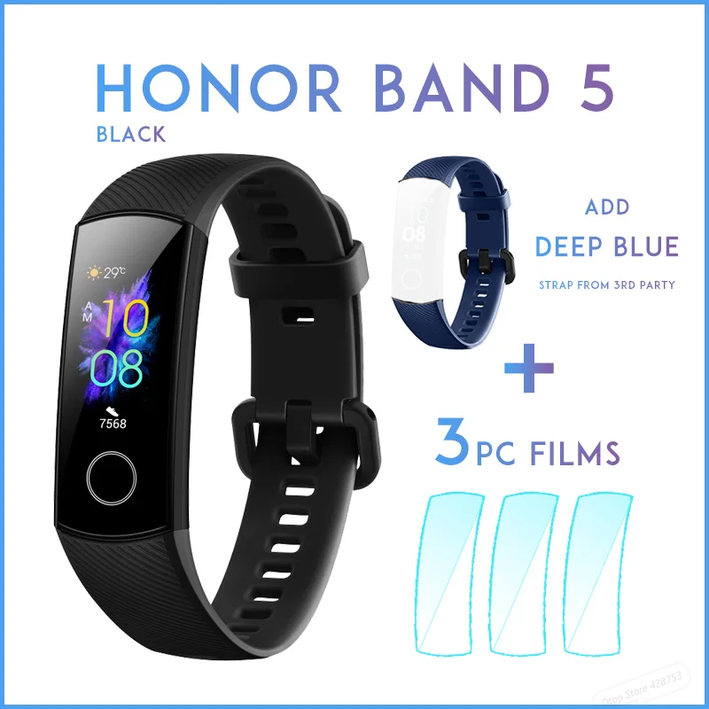 black add deep BLU Смарт-браслет huawei Honor Band 5 для здоровья, спортивный браслет, цветной сенсорный экран, плавающий ход, Обнаружение сна, пульса - Color: black add deep BLU