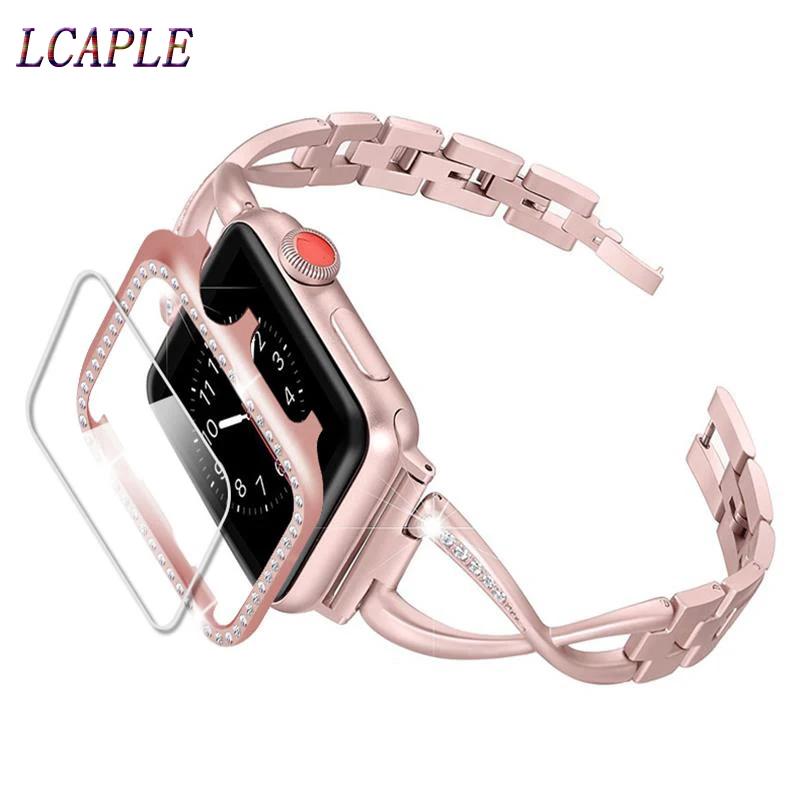 Алмазный чехол и ремешок для apple watch band 44 мм 40 iwatch 42 38 наручных часов с защитой
