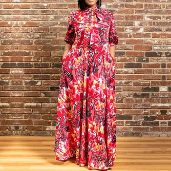 

African Women Summer Dress 2020 Casual Plus Size XL-5XL Vintage Red Floral Printed Bow Tie Loose Office Ladies Retro Long Dress