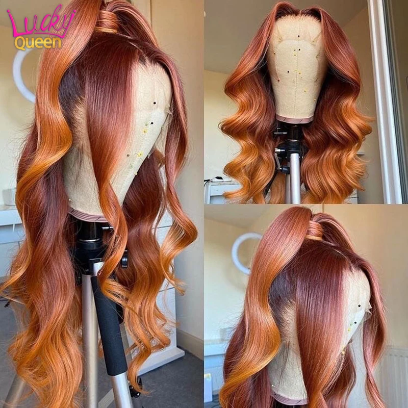 Ombre Orange Ginger Colored Wigs 13x4 HD Lace Front Wig Loose Deep Wave Pre Plucked 30 Inch Remy 100% Human Hair Wigs For Women