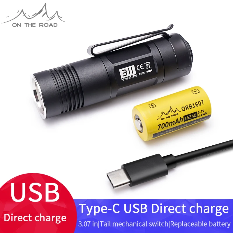 

ON THE ROAD 311 Type-C USB DirectCharge LED Flashlight USB Rechargeable Flashlight EDC miniTorch keychain UltraBright MicroTorch