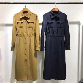 

B0056540 women dress dark blue khaki long sleeve simple plain female daily office dress