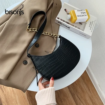 

BISONJS Crocodile Pattern PU Leather Saddle Bags for Women 2020 Handbags and Purses Female Summer Travel Crossbody Shoulder Bag