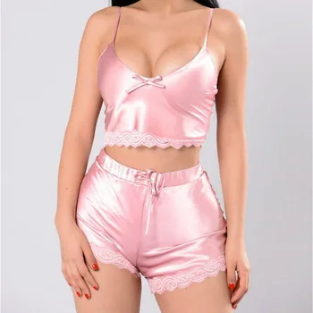 

Jodimitty Women Sexy Lingerie Set Lace Crop Cami Top Shorts Pajamas Set Sleepwear Satin Pijama Nightwear Pyjama Femme Night Suit