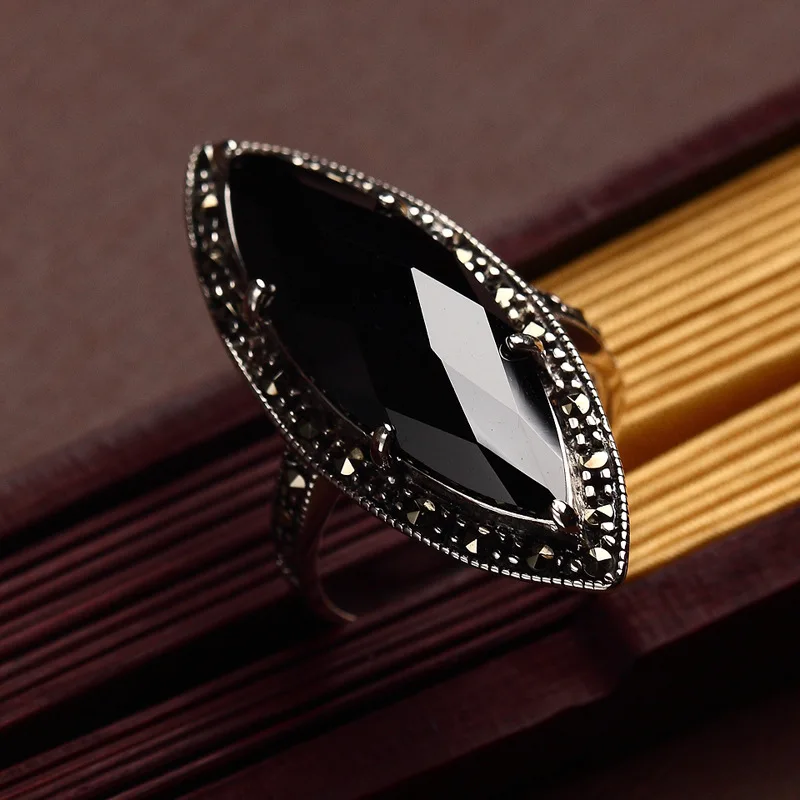 High Quality 925 Sterling Silver Geometric Square Women Ring Large Antique Rings Natural Black Onyx Stone Fine Jewelry | Украшения и