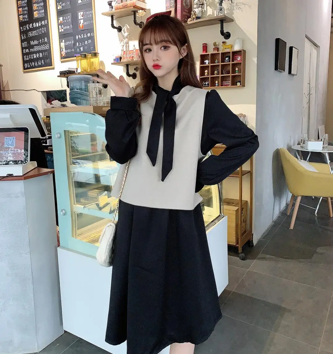 

2020 new spring retro retro small vest + dress Elastic Waist Knee-Length O-Neck Office Lady Polyester