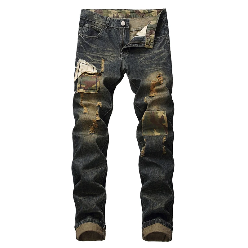 black jeans men Men denim trousers ripped holes Slim straight zipper jeans pants European and American style famous brand men fashion relaxed fit jeans Jeans
