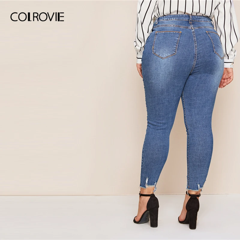 Женские рваные джинсы с потертостями COLROVIE Plus осень 2019 синие на пуговицах