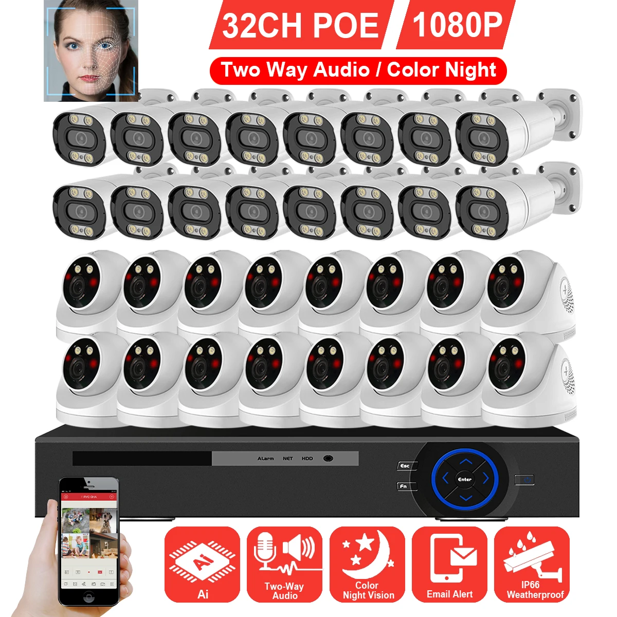 H.265 32CH 2MP CCTV Системы безопасности Камера комплект 1080P для дома и улицы