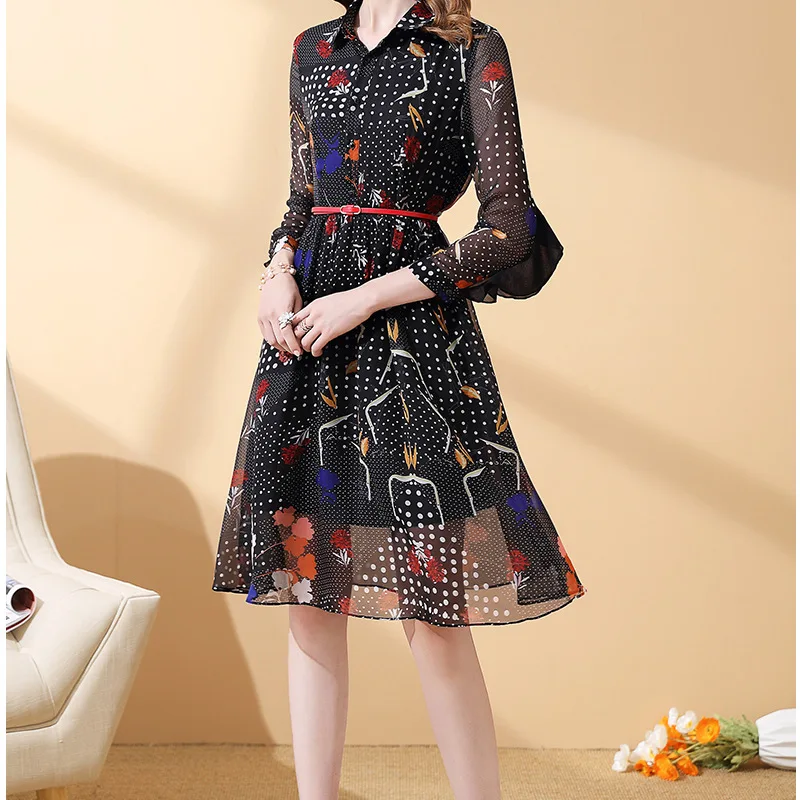 

2019 Autumn New Style Black And White with Pattern Printed Chiffon Dress Women's Waist Hugging Long Sleeve Mid-length A- line Sk
