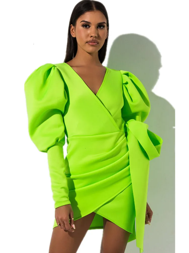 

Lime Green Mini Bodycon Dress Women Clothes 2019 Dresses Woman Party Night Puffy Sleeves Neon Black Red White