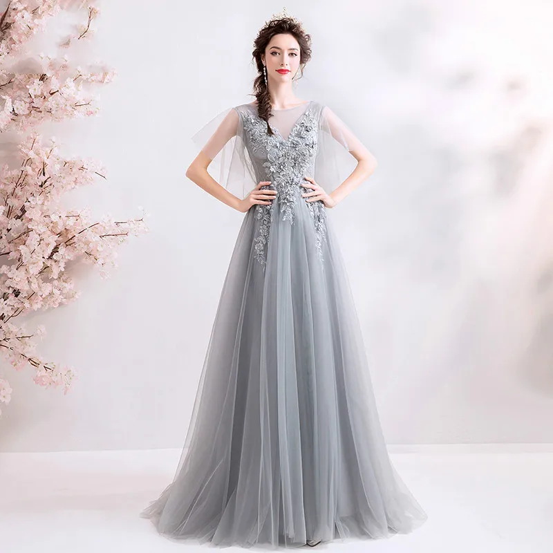 

Evening Dress Gray Beading Flowers A Line Formal Prom Dresses 2020 V Neck Embroidery Lace Bandage Long Women Party Gowns E180