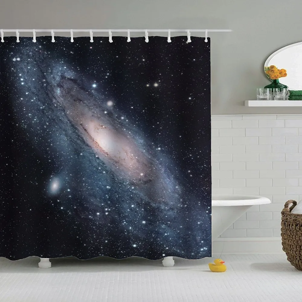 Outer Space Universe Milky Way Galaxy Stars Print Fabric Bath Shower Curtain Set 