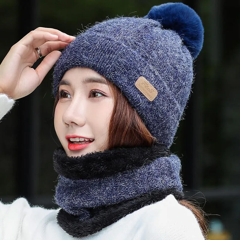 SUOGRY Hot Selling 2pcs Ski Cap And Scarf Cold Warm Leather Winter Hat for Women Knitted Hat Bonnet Warm Cap Skullies Beanies