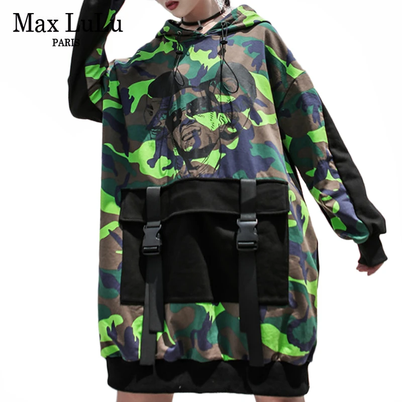 Max LuLu модная Корейская стильная женская длинная одежда в стиле панк женские осенние толстовки с капюшоном с принтом Повседневная камуфляжная хлопчатобумажная трикотажная рубашка
