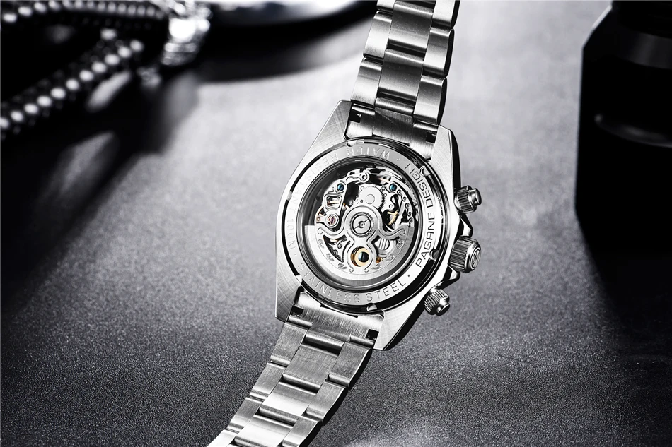 PAGRNE DESIGN Luxury Sapphire Glass Mechanical Watch Men's Sports Stainless Steel Automatic Waterproof Watch Reloj Hombre