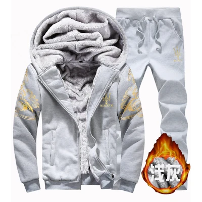 Men's sweater plus velvet thickening sports suit men's hooded sportswear men's sweater - Цвет: Серый