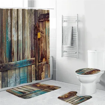 

Vintage Wood Doors Shower Curtain Mat Decorative Waterproof Polyester Fabric Bathroom Curtain with Hooks Home Bath Decor