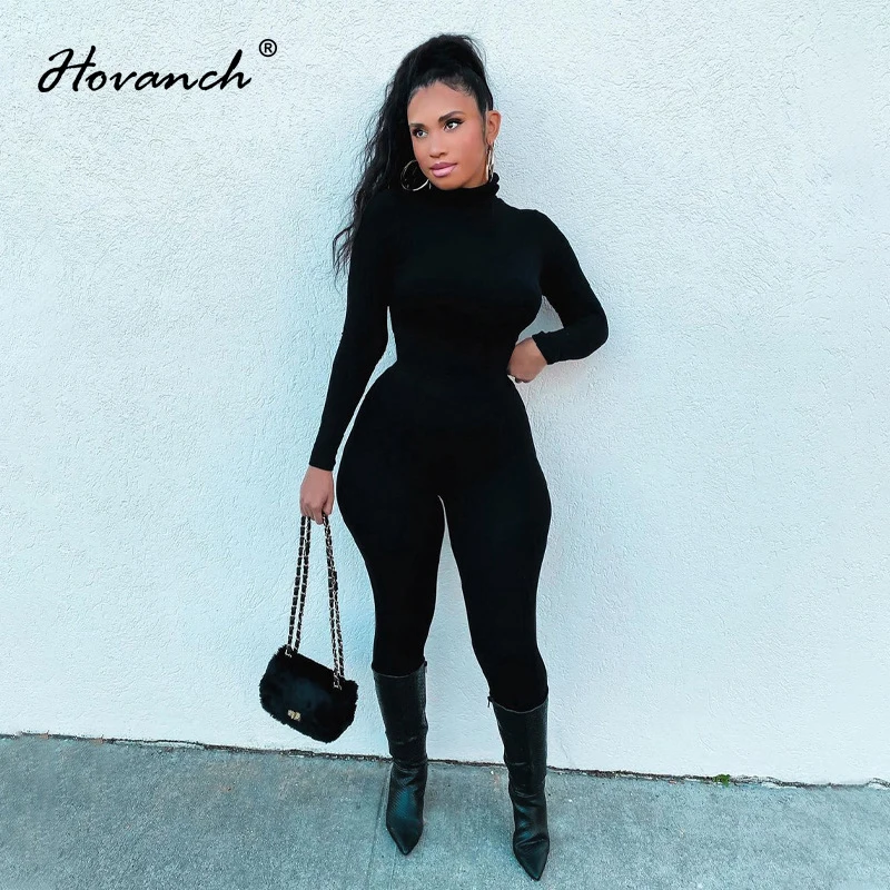 

Hovanch Women's Simple Slim Fit Jumpsuit Solid Color Stand Collar Casual Street Wear 2021 Autumn Fashion Sportswear