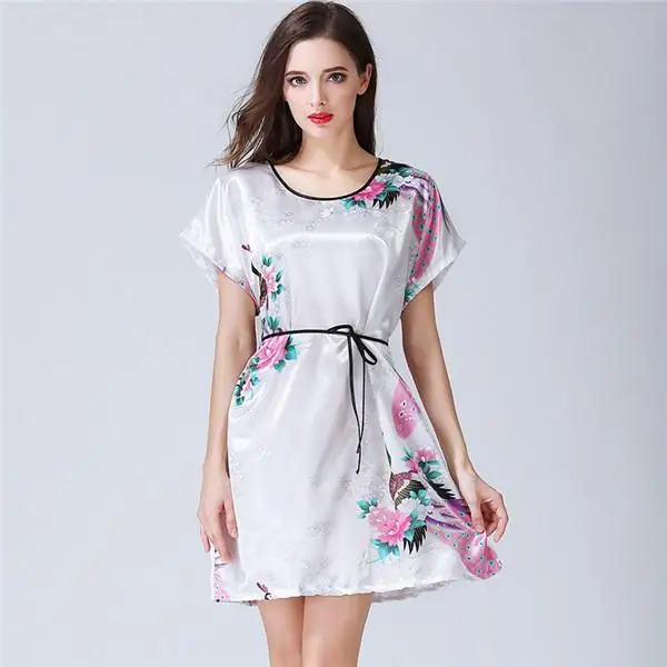 Розовый цветочный принт, женский халат-кимоно, одежда для сна, Элегантное повседневное мягкое банное платье, ночная рубашка, длинная Домашняя одежда, большие размеры 4XL 5XL 6XL - Цвет: White 3