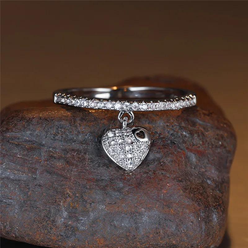 Female Crystal Heart Pendant Rings Gold Silver Color Engagement Ring Charm White Zircon Wedding Jewelry For Women crystal rings engagement rings zircon rings fashion rings wedding rings fashion ring finger rings metal rings