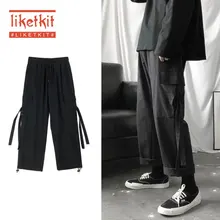 Liketkit мужские черные брюки-карго в стиле хип-хоп с боковыми лентами, свободные плотные штаны для бега, мужские панк уличные повседневные широкие брюки