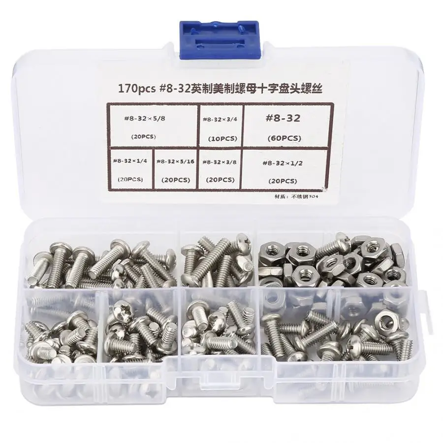 

170Pcs/set #8-32 304 Stainless Steel PH Pan Screws Kit Assortment Set