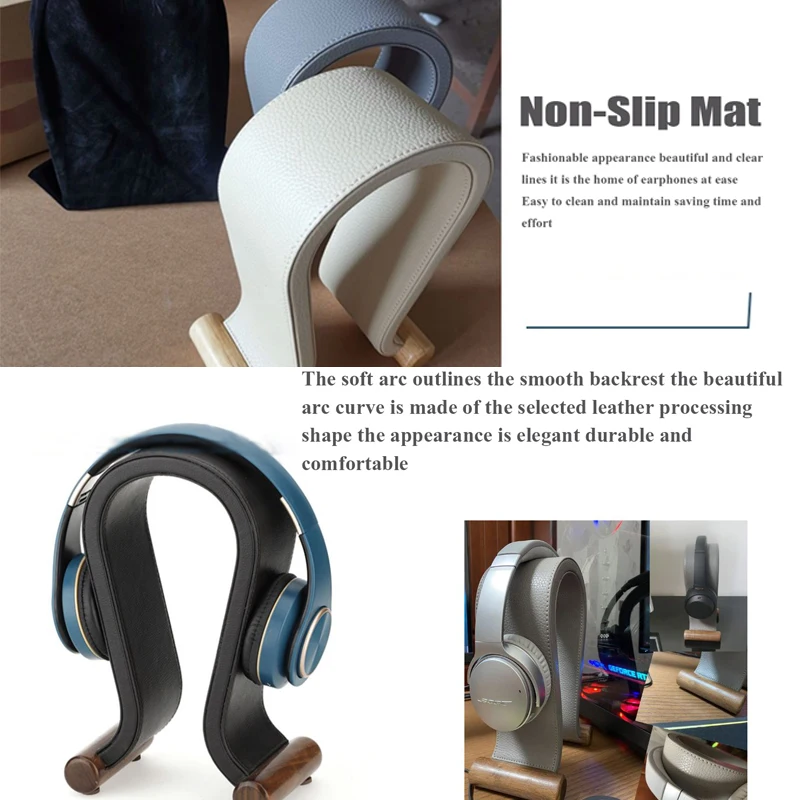 Universal Gaming Headset Stand PU Leather+Wood Headphone Holder Desk Display Shelf for Wired/Wireless Headphones Space Saving
