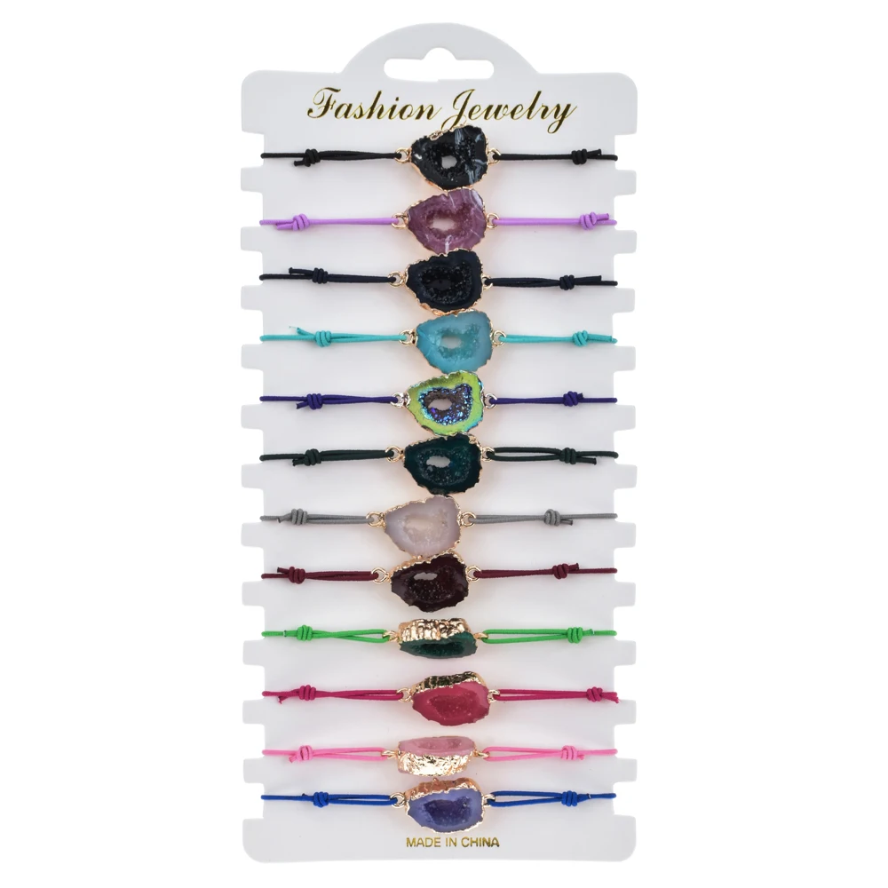 12 pcs/lot Natural Stone Drusy Charm Bracelets For Women Men Handmade Elasric Rope Bracelet Wristband Bohemia Children Jewelry - Окраска металла: A