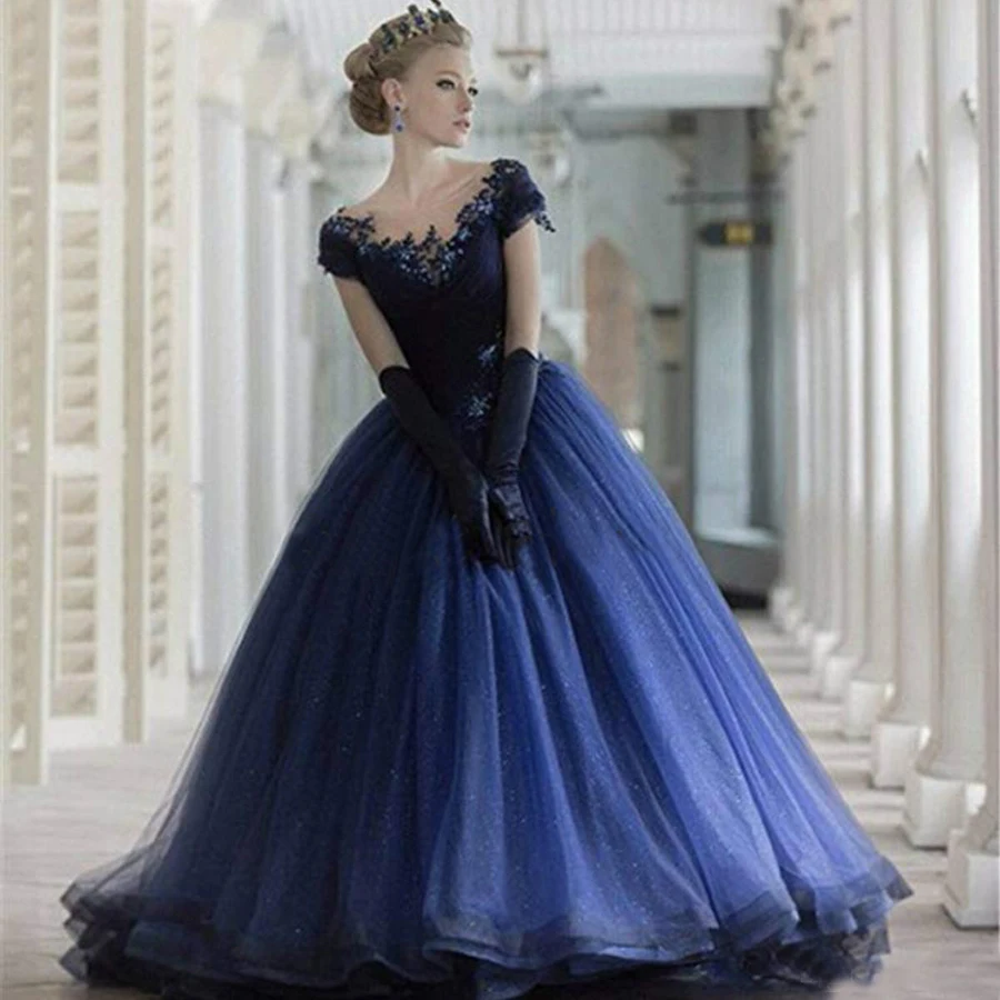 Custom Made Scoop Neck Tulle Applique Beads Formal Evening Gown Short Sleeve Dark Blue Evening Dresses Long vestidos de fiesta petite formal dresses & gowns