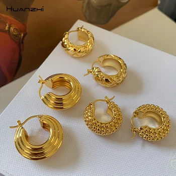 

HUANZHI 2020 New Metal Threads Textured Gold Earrings Rhombus Multi Row Beads Geometric Hoop Earrings for Women Girls Jewelry