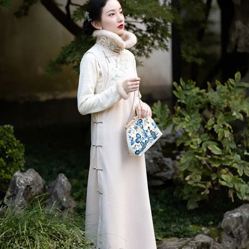 

Chinese Style Long Vest Dress Cheongsam Women Modern Qipao Girl Thick Sleeveless Party Dress Autumn Winter Vestido Chino Vintage