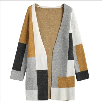 

SVOKOR Casual Women's Cardigan Sweater Solid Polyester Knitting Clothes Color Stitching Keep Warm Streetwear Loose Lady Cardigan