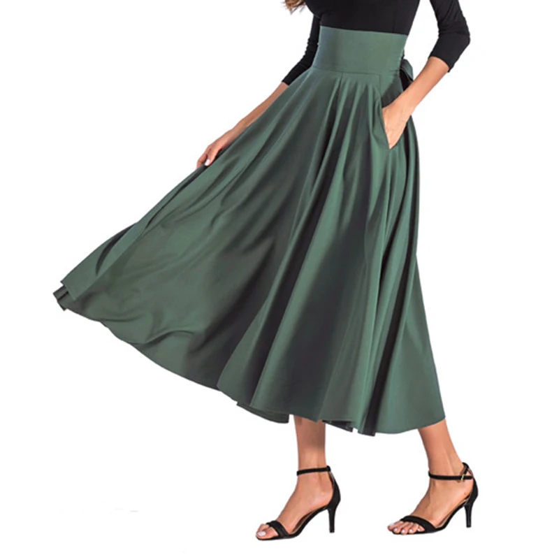 2020 New Fashion  Women Long Skirt Casual Spring  Summer Skirt womens Elegant Solid Bow-knot A-line Maxi Skirt Women Cothes (20)