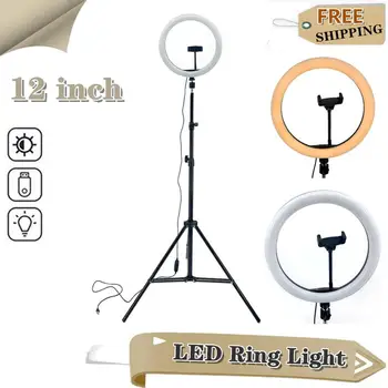 

12in Dimmable LED Selfie Ring Light Studio Lighting Photography Lamp USB with Tripod+Cell Phone Clip for Video Studio Ring Light