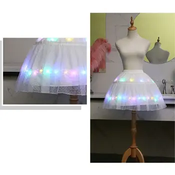 

Women Lolita White Lace Tutu Skirt Adjustable LED Light Up Luminous Short Petticoat Ballet Dance 2 Hoops Underskirt Elastic Wais