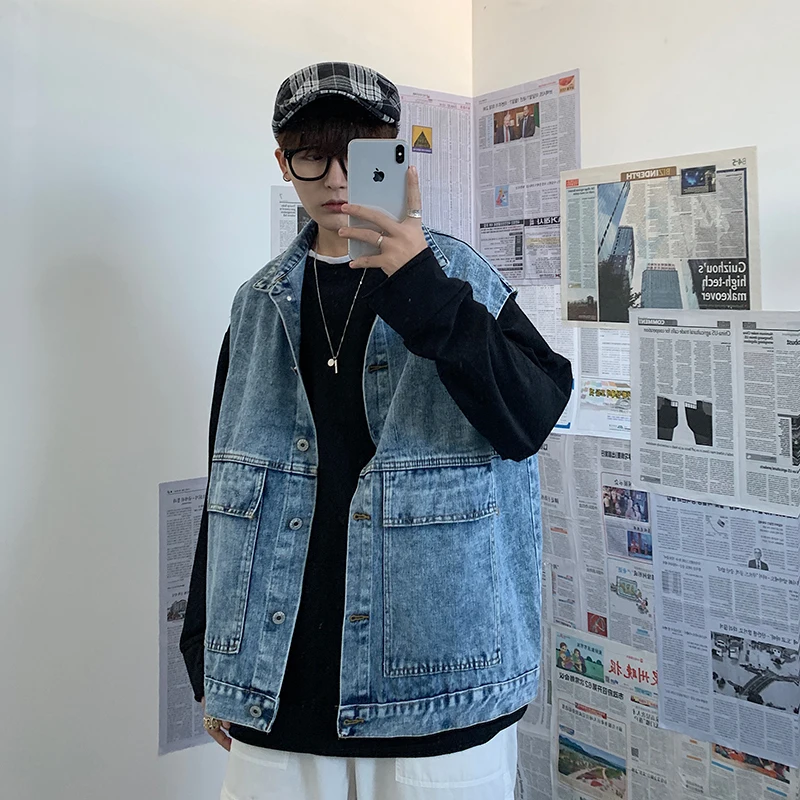 

Denim Vest Men's Fashion Solid Color Retro Tooling Denim Gilet Men Streetwear Loose Hip Hop Big Pocket Denim Jacket Mens S-2XL