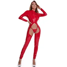 

Women Lingerie Crotchless Bodysuit with G-string Patent Leather Zipper Skinny Jumpsuits Keyhole Lace-up Back Catsuit Clubwear